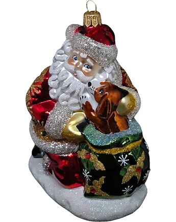 Ręcznie malowana szklana bombka Mikołaj z pieskiem w worku, STARGLASS