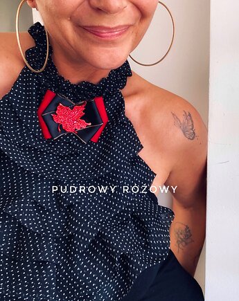 Brosza z unikatowym liściem z czerwonych kryształków  Liść, Pudrowy Różowy