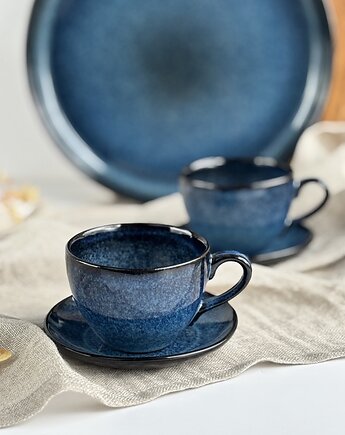 Filiżanka kawowa ręcznie robiona granatowa 180 ml ze spodkiem - Nocne Niebo, Ceramika Tyka