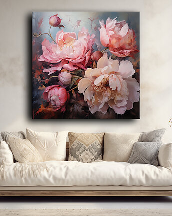 Kwiaty peonie - Obraz na płótnie - Druk, Blejtrama - Akwarela, Boho #12, Black Sapphire Art