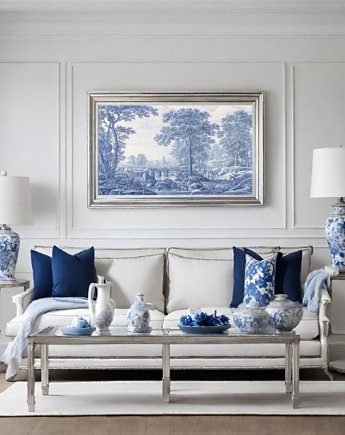 PLAKAT Toile de jouy, biało niebieska dekoracja, chinoiserie, black dot studio