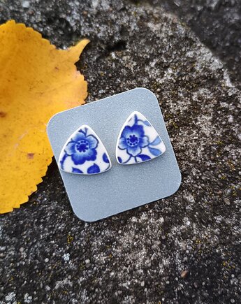 Kolczyki ceramiczne w kobaltowe kwiaty, biżuteria z talerzy
