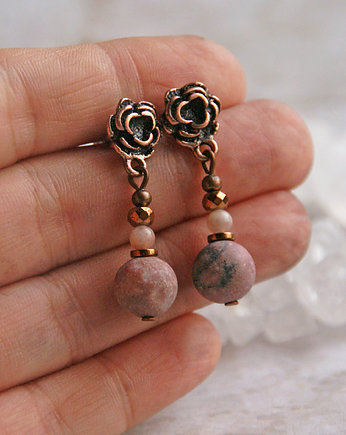 RODONIT w miedzi - kolczyki - róże, kaktusia