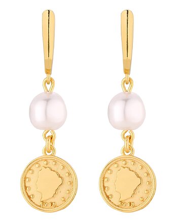 Złote długie kolczyki z monetami i perłami SWAROVSKI CRYSTAL, SOTHO