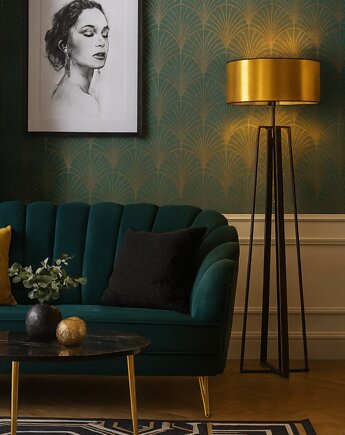Czarno-złota lampa stojąca do salonu MOSS MIRROR w stylu glamou, LYSNE