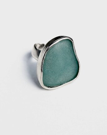 Srebrny pierścionek regulowany ze szkłem morskim, bluewavestudio