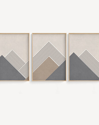 Abstrakcyjny zestaw plakatów w stylu skandynawskim, beżowo-szary, góry., Grawisfera