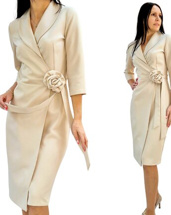 Elegancka beżowa Kopertowa sukienka z różą, MM FASHION