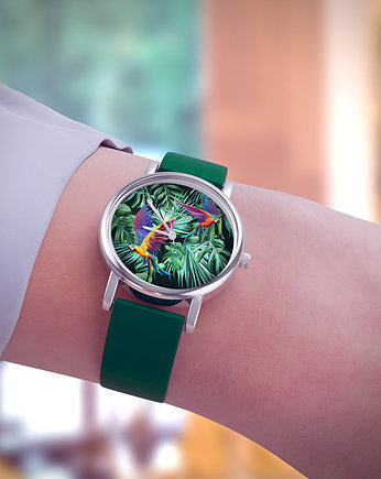Zegarek  mały - Papugi, tropikalny - silikonowy, zielony, yenoo