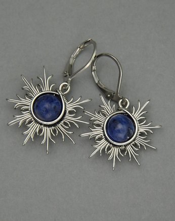 Niebieskie kolczyki słońce sodalit wire wrapping słoneczka, Agata Rozanska