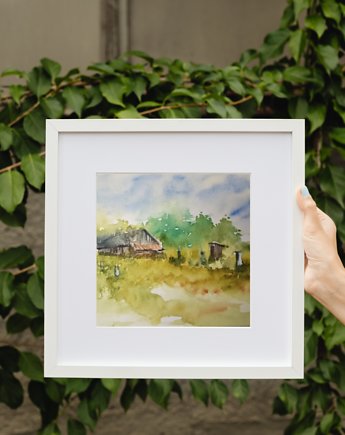 WYPRZEDAŻ OBRAZÓW! Akwarela Polska wieś oryginalny obraz 300g A5 21x15 cm, Kwitnace