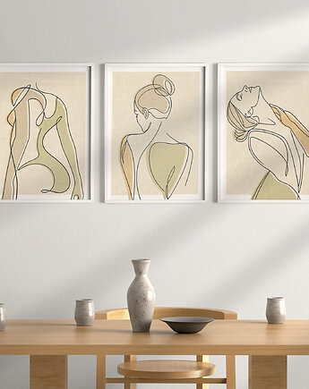 Zestaw 3 stylowych plakatów w stylu Boho, kobieta, ciało, line art., Grawisfera