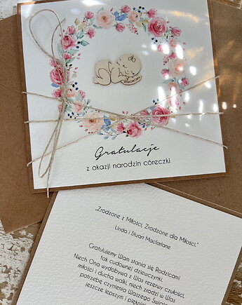Ręcznie robiona kartka na narodziny córeczki - gratulacje, sorte