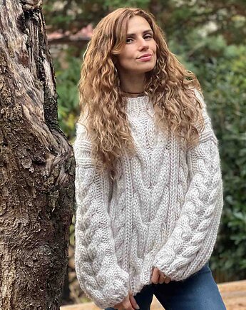 100% Merino sweter WARKOCZOWY  na drutach, PANAPUFA
