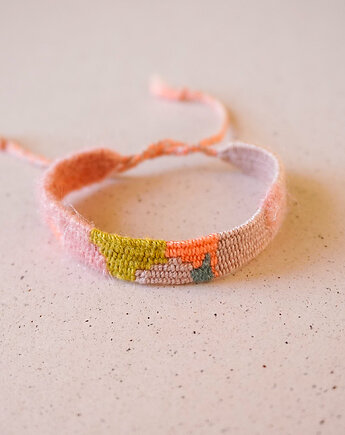 Kolorowa bransoletka tkana z muliny i włóczki na sznurku, Słońcem Tkane