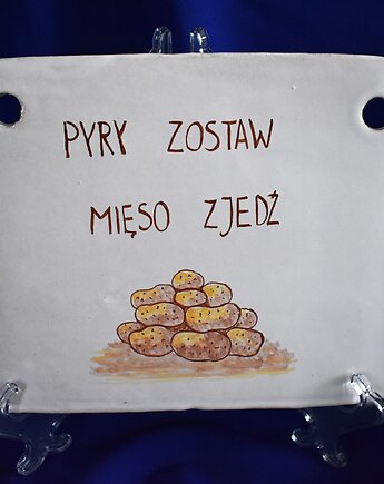 Ceramiczna tabliczka "Pyry zostaw, mięso zjedź", Kobaltowa Sroka