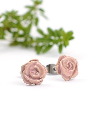 Ceramiczne, różowe róże- kolczyki sztyfty 3d, Dorca