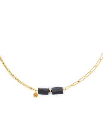 Bestseller! Naszyjnik z surową bryłą czarnego Turmalinu Pozłacana stal, Kulka Bransoletki