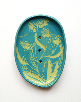 Mydelniczka ceramiczna turkusowa w mlecze, Ryte Gary
