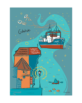 Plakat A4 Gdańsk Żuraw Noc, Gliniana Kura