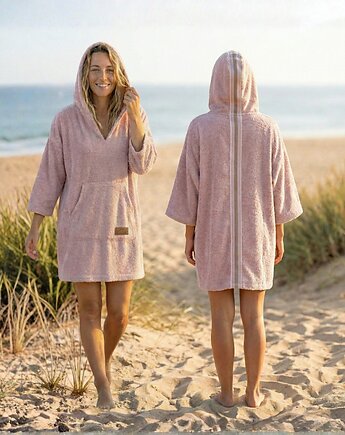 Ponczo kąpielowe z bawełnianej frotte - Powder Pink, Red Lemon