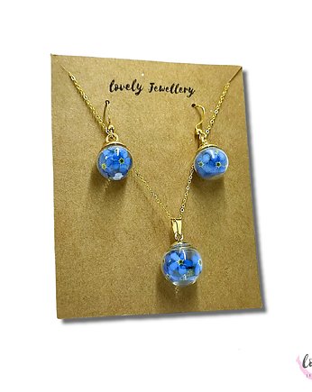 Złoty zestaw biżuterii z Niezapominajką kwiaty, Lovely Jewellery
