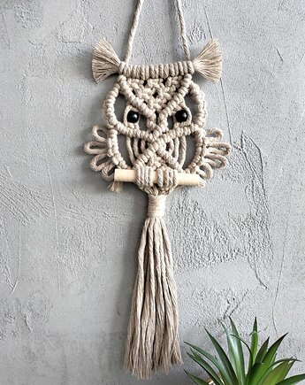 Mała Sowa Makrama 30 cm Beżowa Zawieszka Ścienna Stylowa Ozdoba Boho, Pracownia Wardin