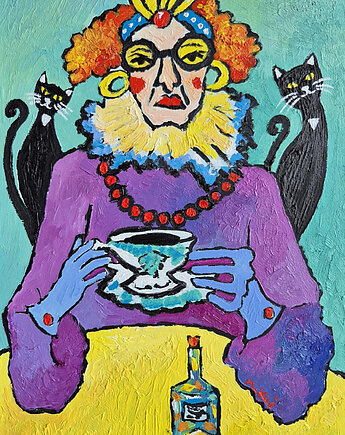 Obraz ręcznie malowany kolorowy obraz rozmowa bez słów koci dwór, alice oil on canvas