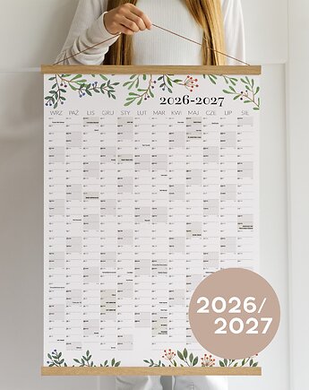 Planer szkolny 2026/2027 ścienny z dębowym wieszakiem 70x100, Follygraph