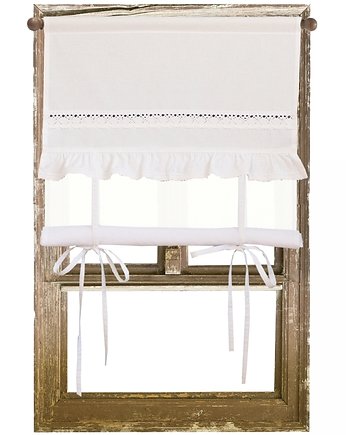 Roleta biała shabby chic KORONKA na rzep, drewnianyguzik