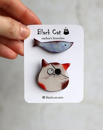 Komplet broszek Kot pirat + ryba. Ręcznie malowane, Black Cat