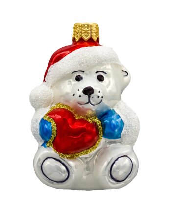 Bombka choinkowa: Miś polarny w czapce Świętego Mikołaja z sercem, Syn Bombkarza