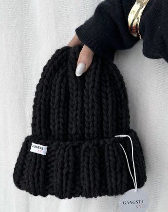 Gruba wełniana czapka czarna beanie 100% wełna handmade, GANGSTA KNIT