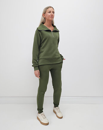 Anisa minimalistyczny lekko dopasowany komplet spodnie i bluza - Khaki, Ablush