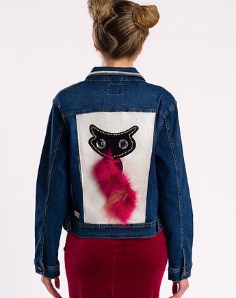 Kurtka jeansowa z aplikacja kotek, futrzany ogonek, cyrkonie, Torri Design