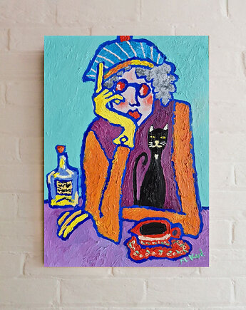 Obraz ręcznie malowany kolorowy obraz popołudnie z kotem, alice oil on canvas