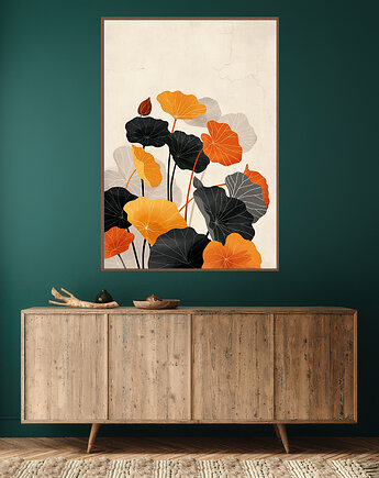 Liście lotusu - Plakat, druk - Chiński Orient, Harmonia Zen, Wabi Sabi #111, Black Sapphire Art