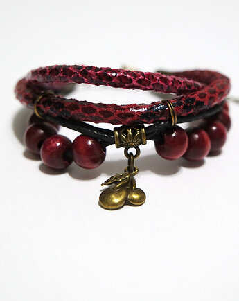 Bransoletka - Wiśnie - rzemienie, drewniane koraliki, yenoo