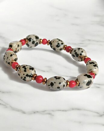 Bransoletka : INDIA : koral, jaspis, hematyt : na gumce, kaktusia