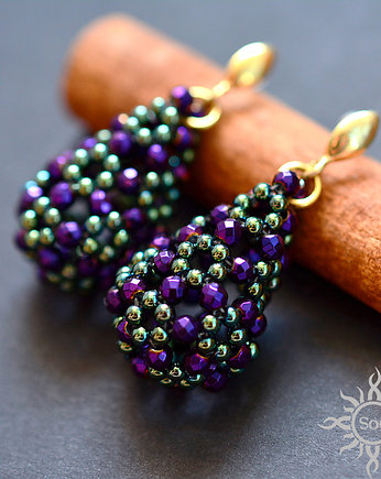 Ażurowe krople z hematytu V, kolczyki, beading, Sol