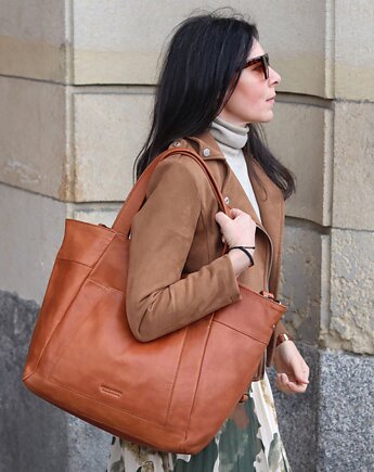 Duża skórzana torebka shopper z kieszenią - brąz kamelowy, Marco Mazzini