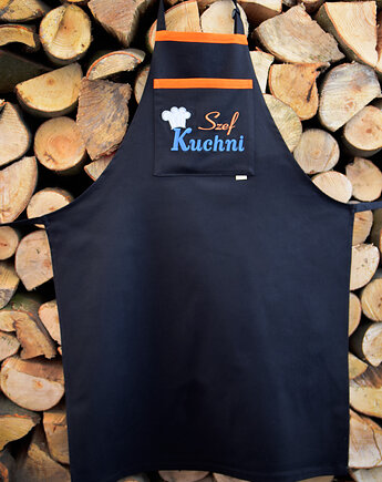 Fartuch Kuchenny CZARNY bawełniany haftowany Szef kuchni EXTRA PREZENT, Wyszywane