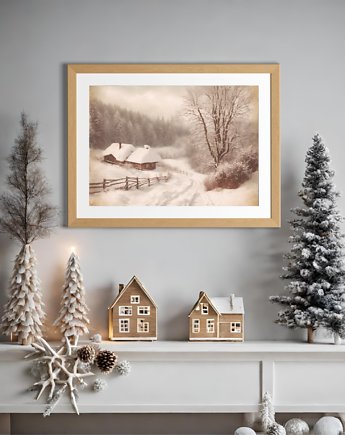 PLAKAT zimowy krajobraz wiejski świateczna dekoracja, black dot studio