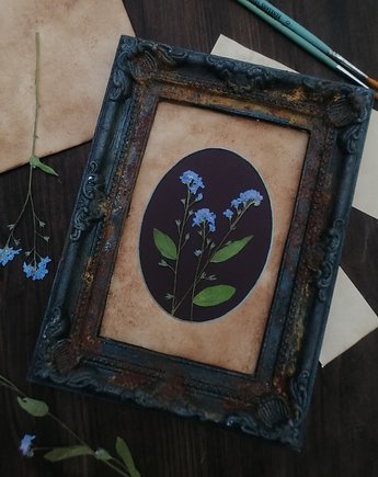 Obraz, kwiaty niezapominajki w stylizowanej ramie retro, Niebieski Zagajnik
