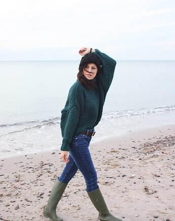 Sweter handmade  z wełną  leśna zieleń, Mademoiselle Patrini