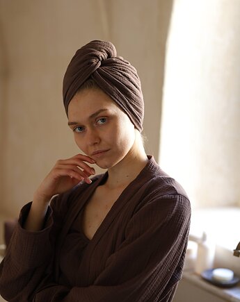 Muślinowy turban na włosy czekoladowy brąz, Mune