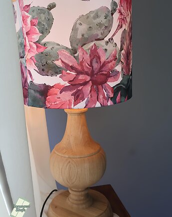 Lampa stołowa drewniana z abażurem w kwiaty , PiorunowoSzafa