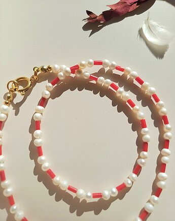 Naszyjnik z pereł naturalnych i koralem, s e n s e d  accessories