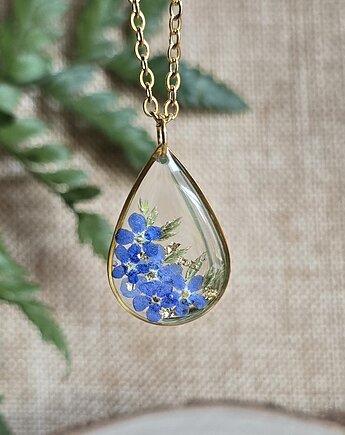 Złoty wisiorek prawdziwe kwiaty zawieszka łezka łza niezapominajki, zkwiatem
