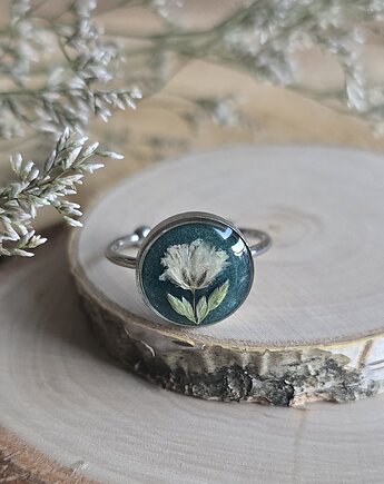 Wieczny kwiat pierścionek srebrny gipsówka prawdziwy żywica, zkwiatem